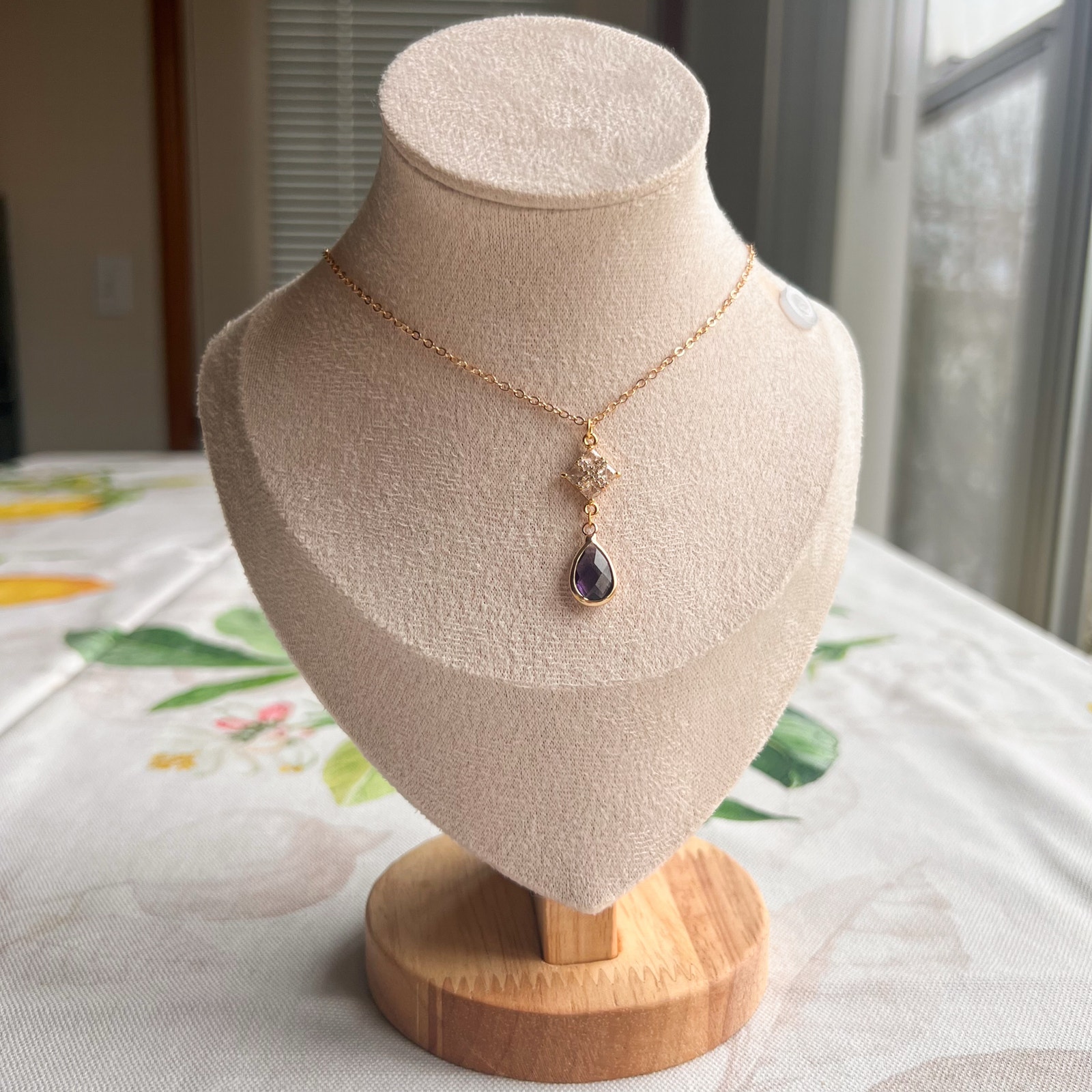 Amethyst Aubergine Crystal Glass Diamond Square Shape Romantic Art Deco Necklace